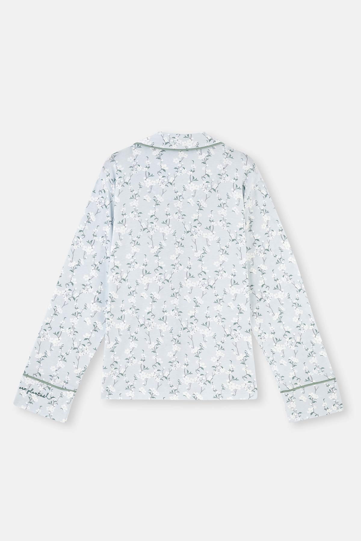 Turkuaz Gömlek Yaka Çiçek Desenli Plus Size Örme Pijama Takımı