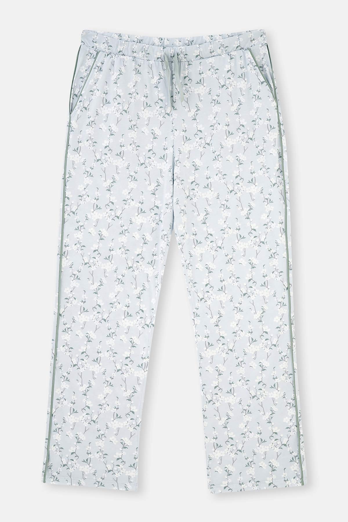 Turkuaz Gömlek Yaka Çiçek Desenli Plus Size Örme Pijama Takımı