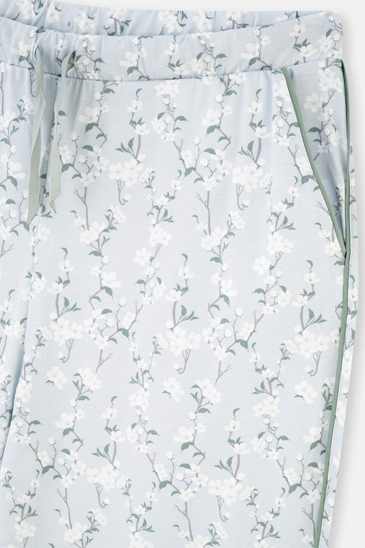Turkuaz Gömlek Yaka Çiçek Desenli Plus Size Örme Pijama Takımı