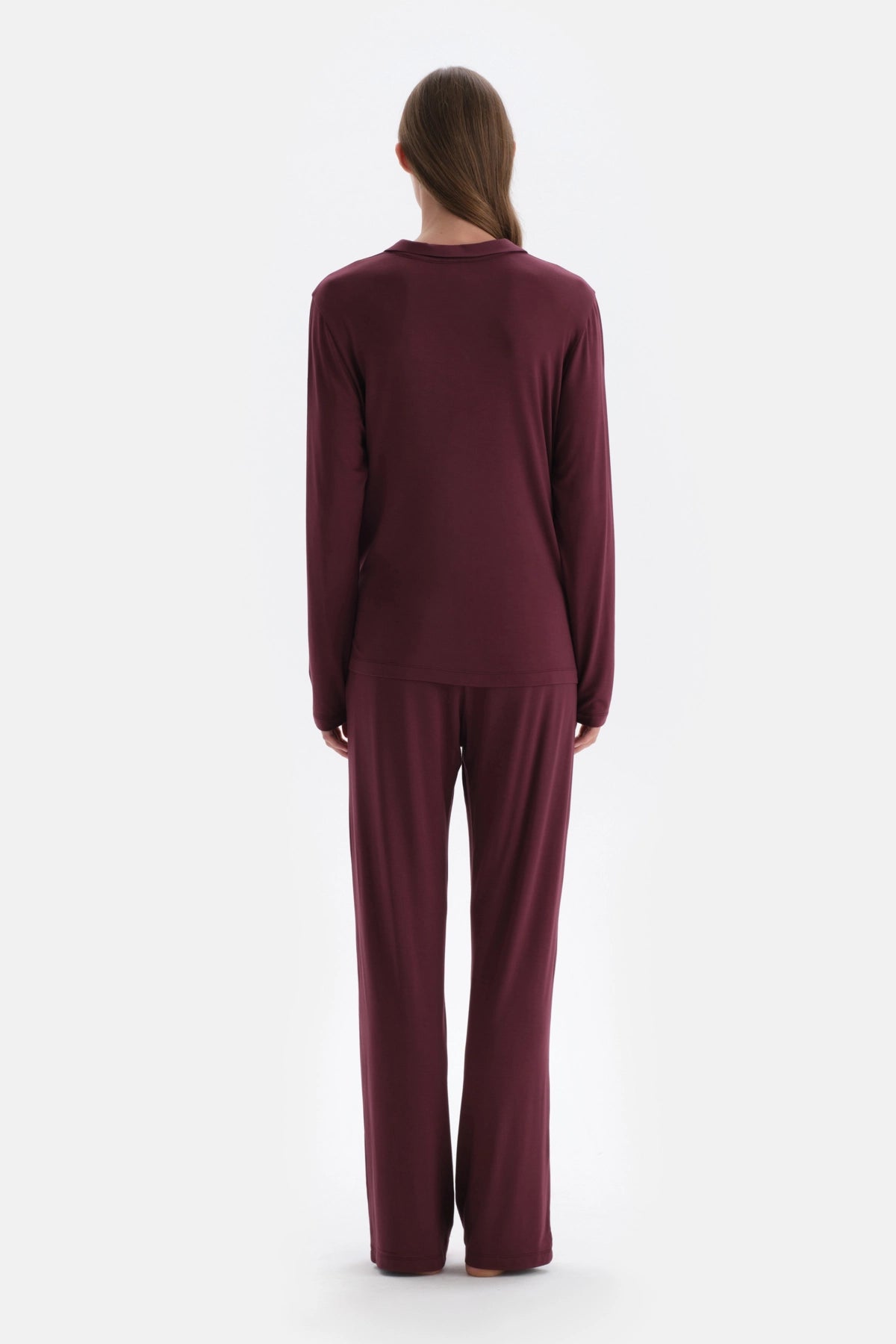 Bordo Gömlek Yaka Basic Modal Pijama Takımı