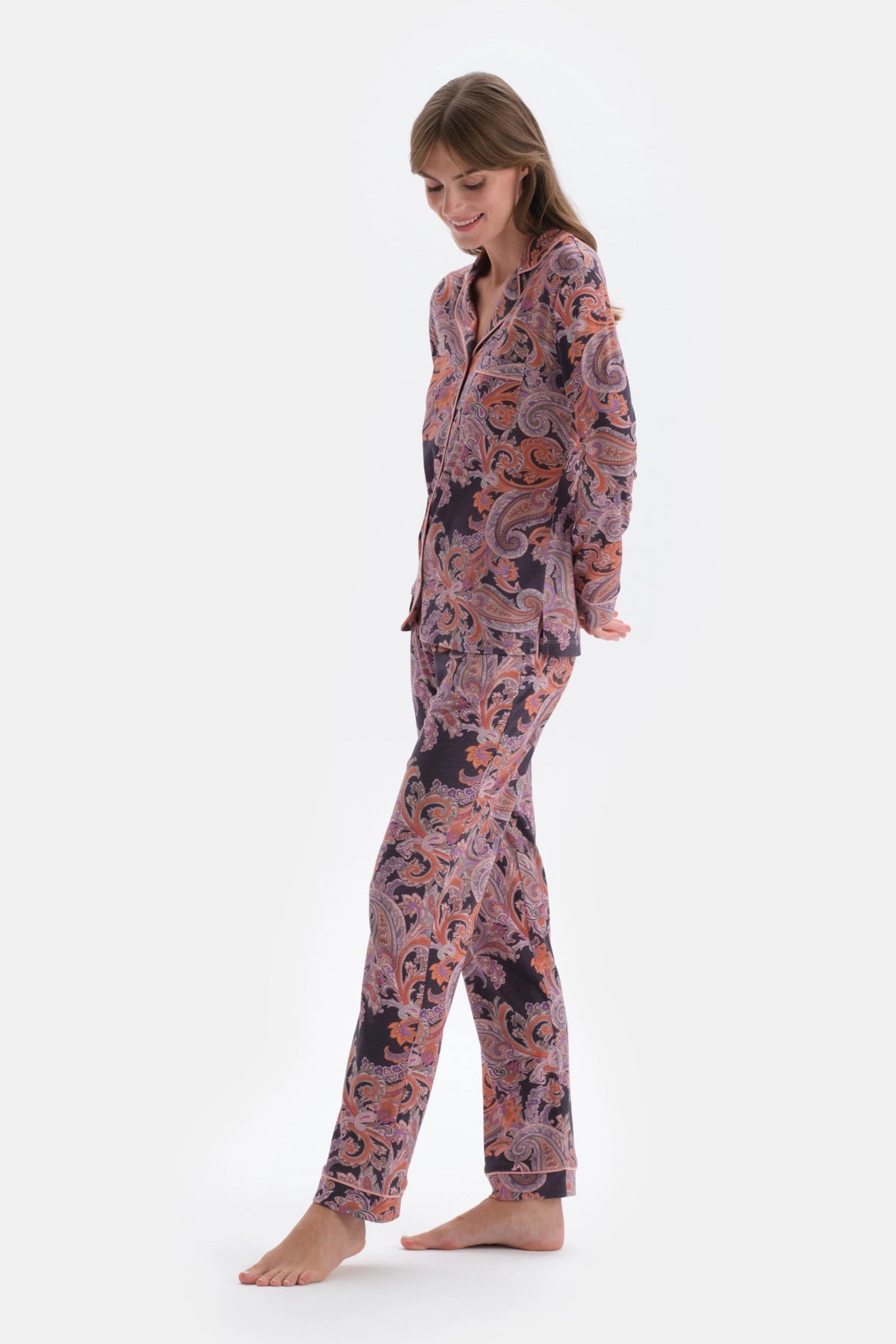 Multicolor Şal Desenli Gömlek Pantolon Pijama Takımı