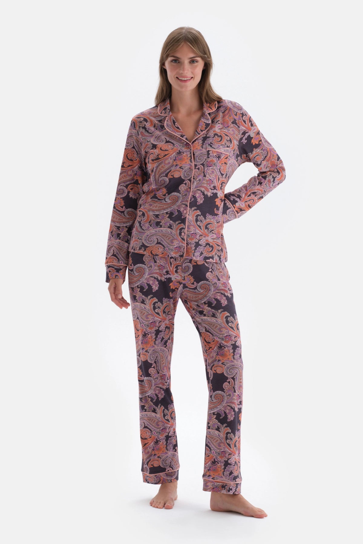 Multicolor Şal Desenli Gömlek Pantolon Pijama Takımı