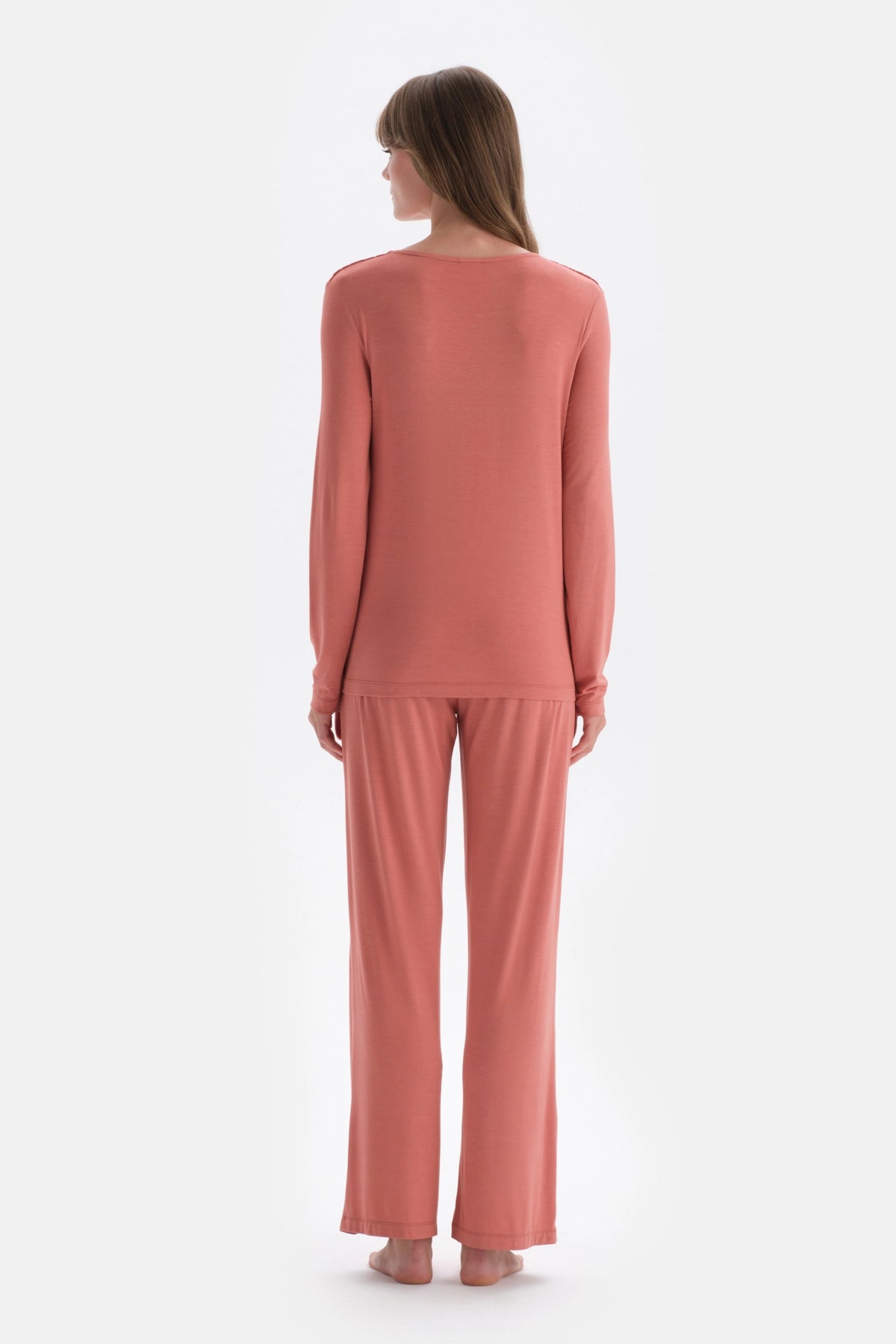 Kiremit Yaka Detaylı Uzun Kollu Örme Pijama Takımı