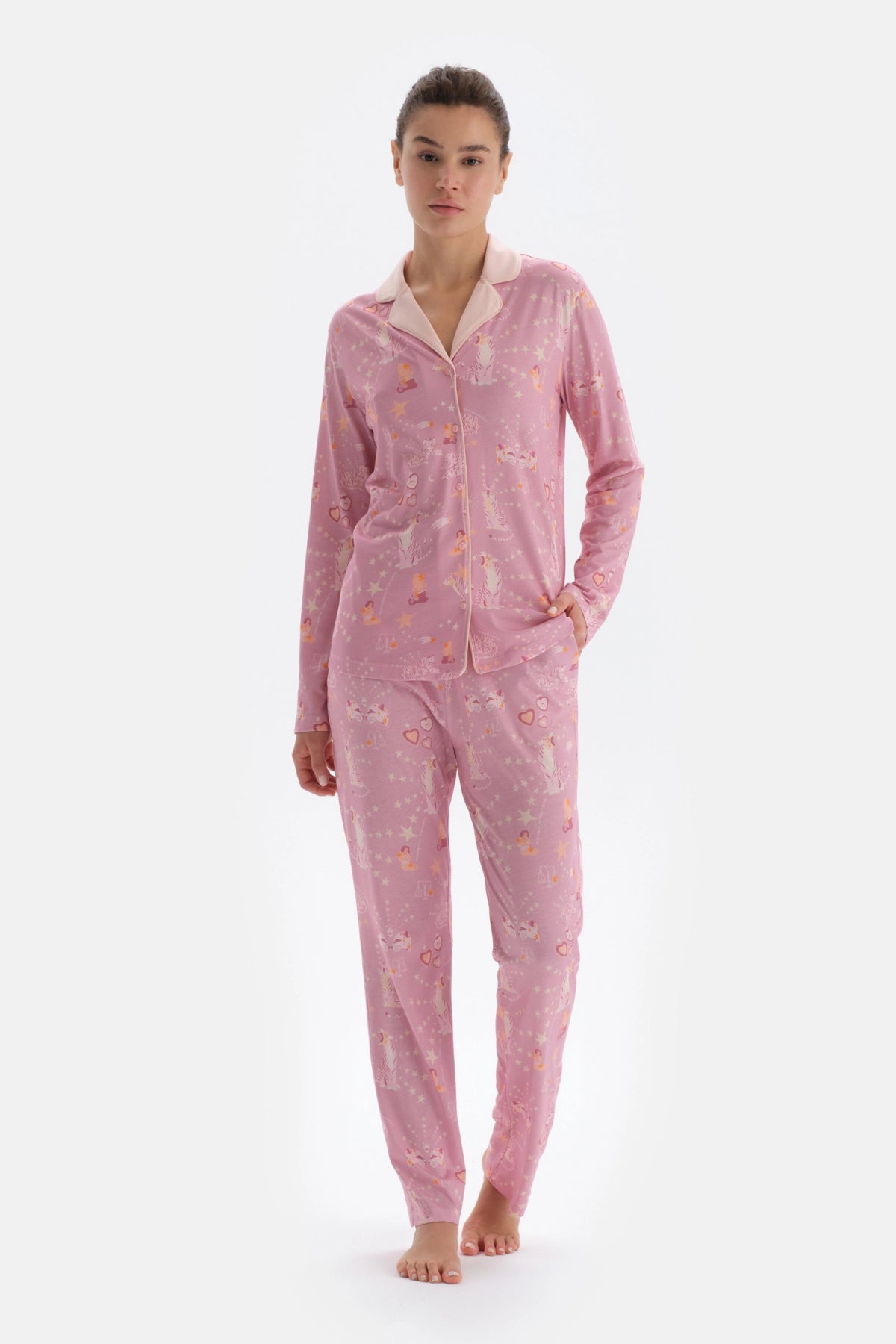 Pembe Metraj Baskılı Gömlek Pantolon Pijama Takımı