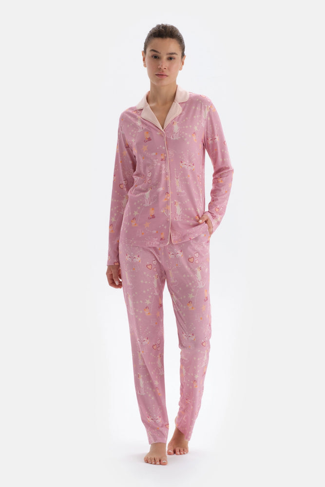 Pembe Metraj Baskılı Gömlek Pantolon Pijama Takımı