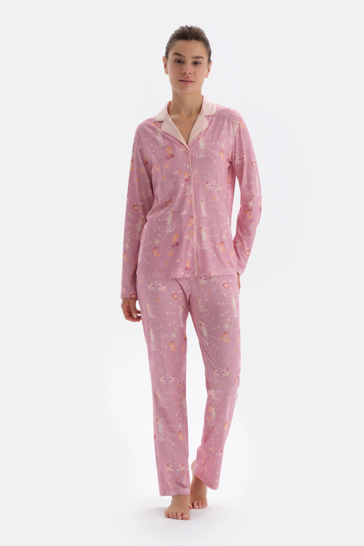 Pembe Metraj Baskılı Gömlek Pantolon Pijama Takımı