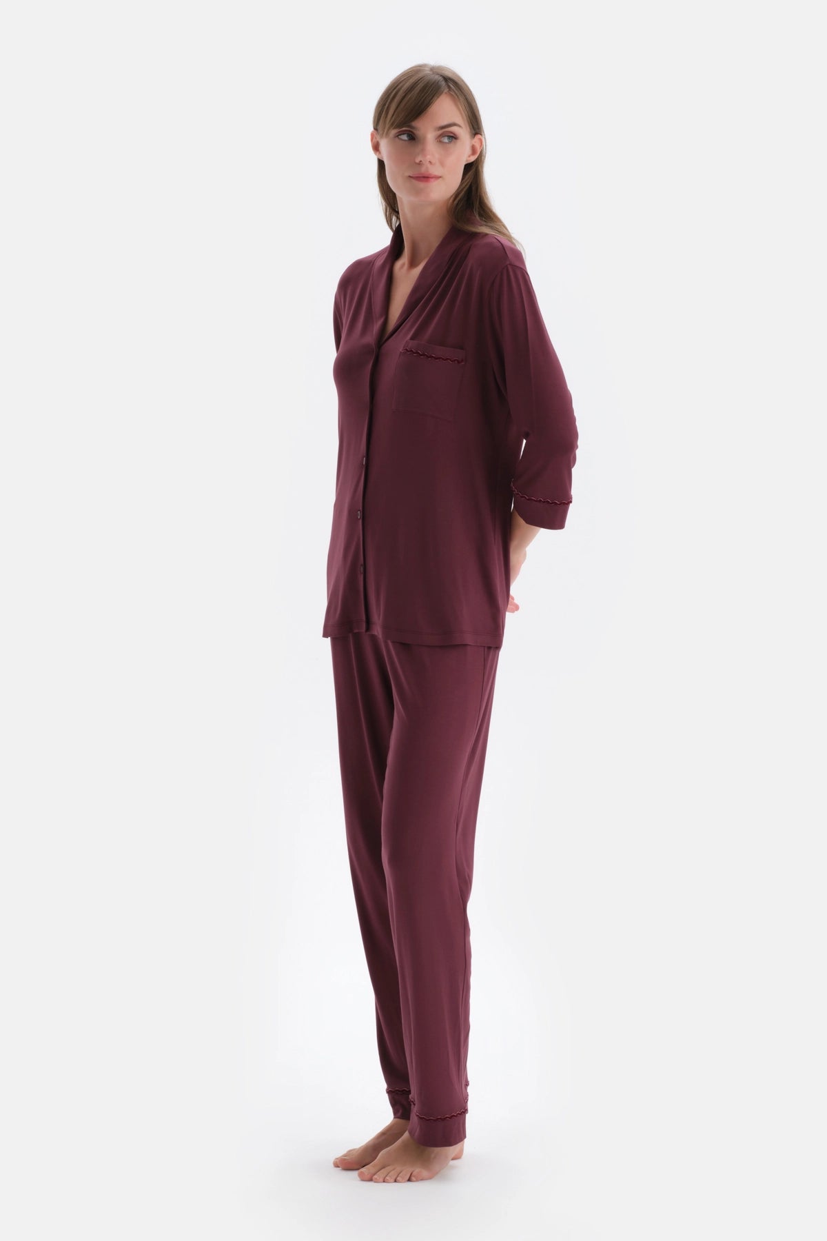 Bordo Kadife Şerit Detaylı Gömlek Pantolon Pijama Takımı