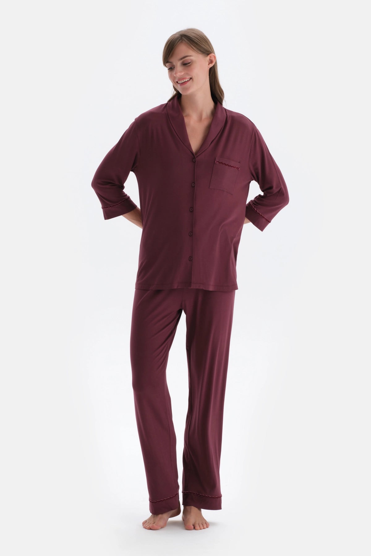 Bordo Kadife Şerit Detaylı Gömlek Pantolon Pijama Takımı