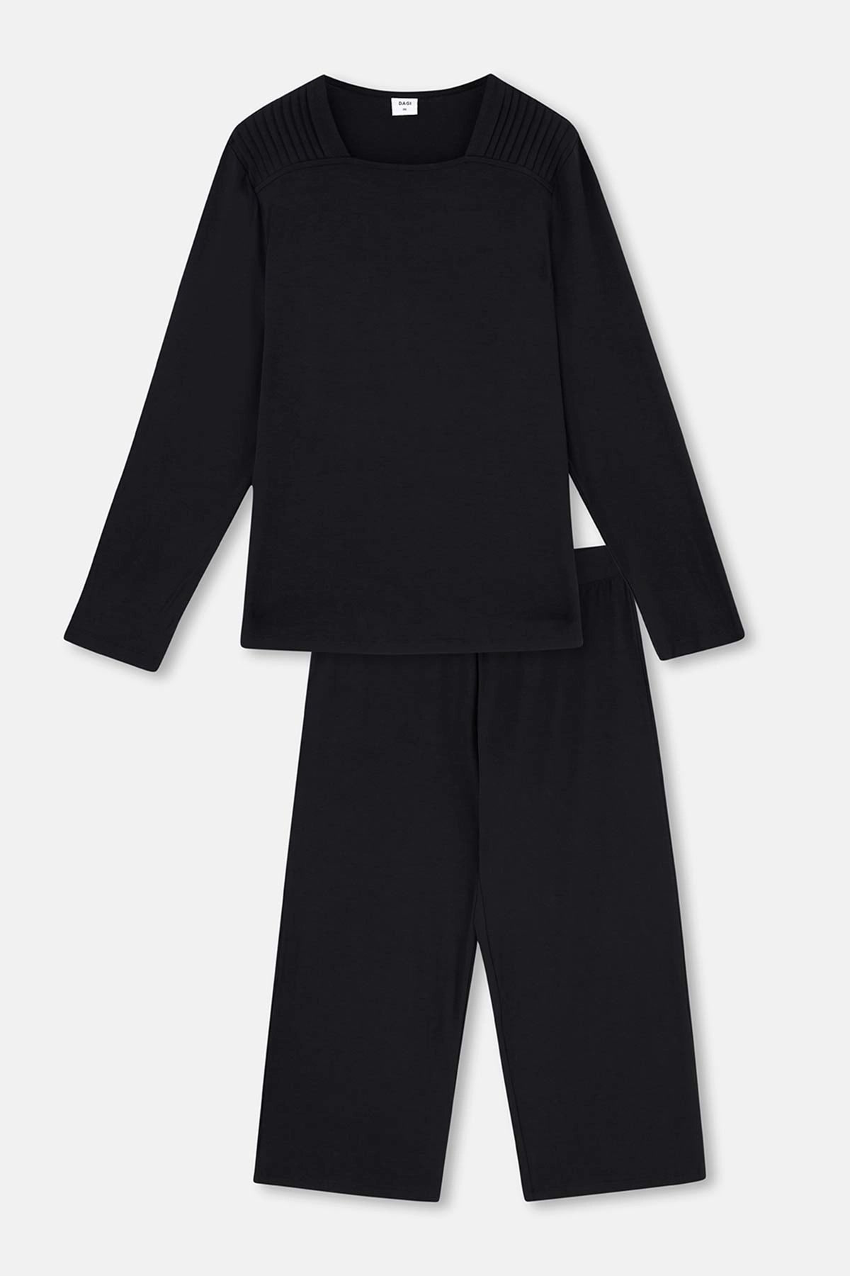 Siyah Yaka Detaylı Uzun Kollu Plus Size Örme Pijama Takımı