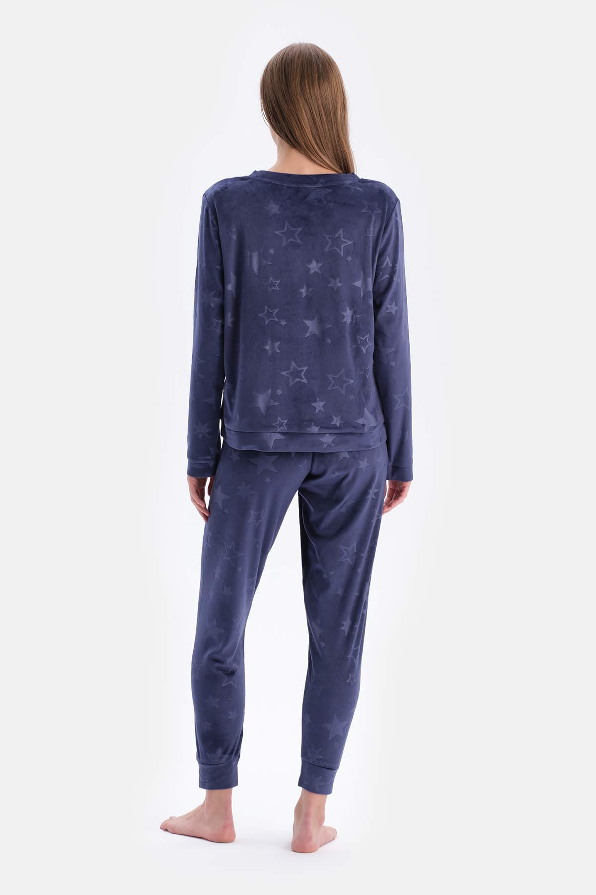Lacivert Gofre Yıldız Detaylı Örme Pijama Takımı