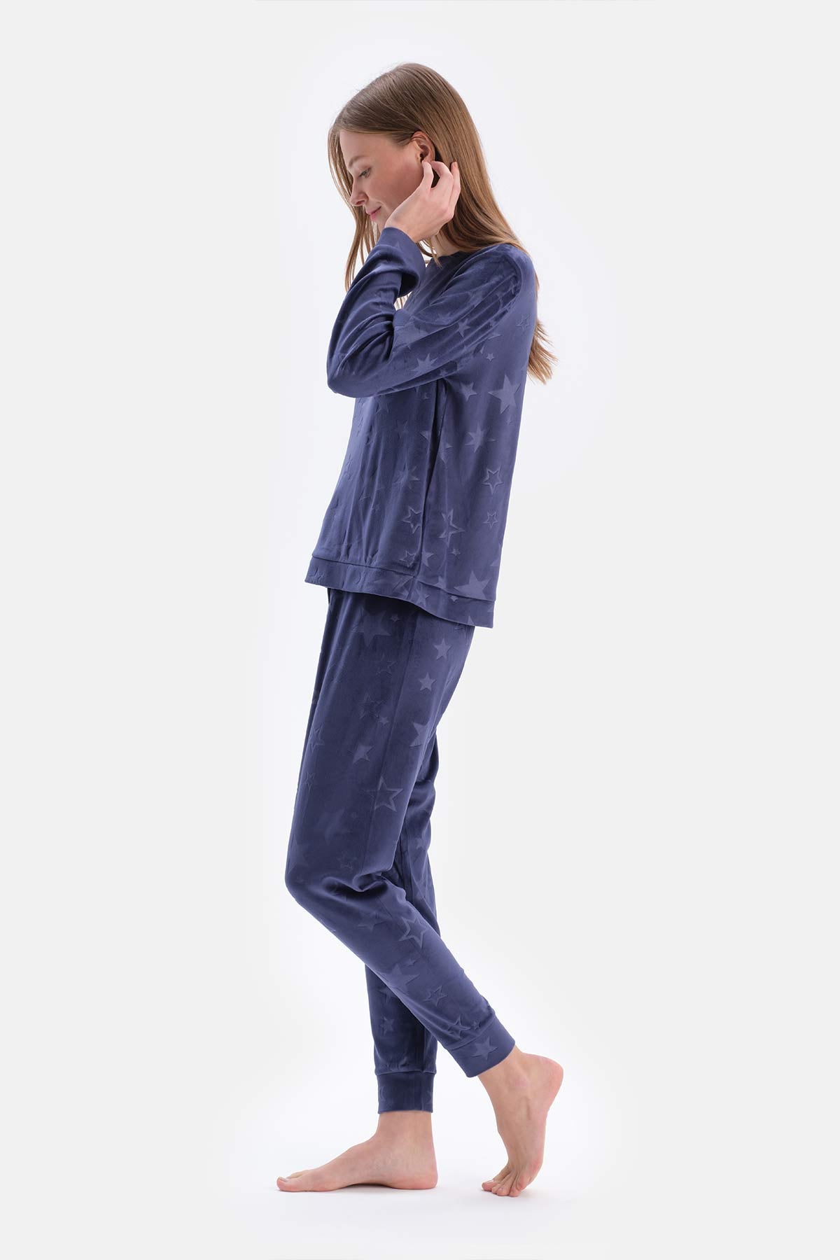 Lacivert Gofre Yıldız Detaylı Örme Pijama Takımı