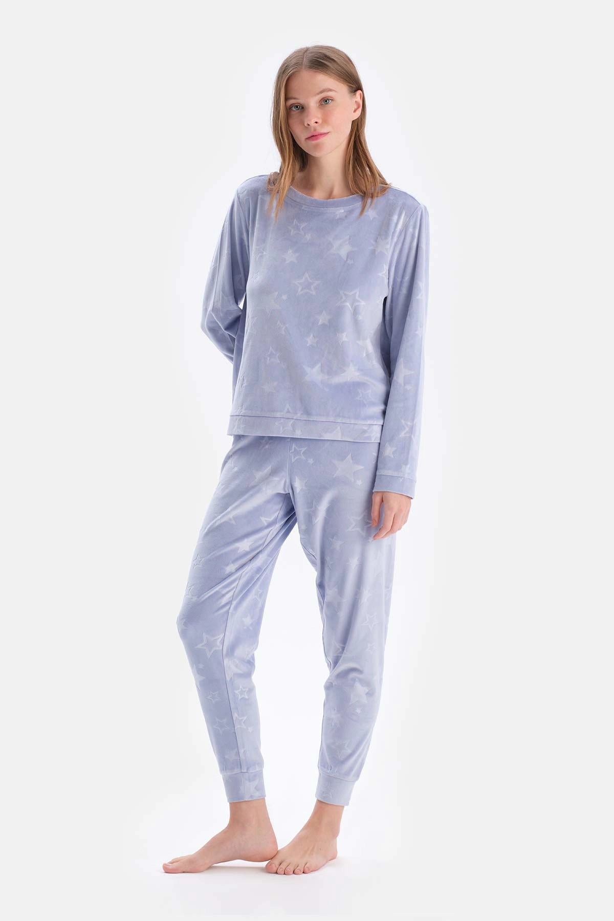 Mavi Gofre Yıldız Detaylı Örme Pijama Takımı