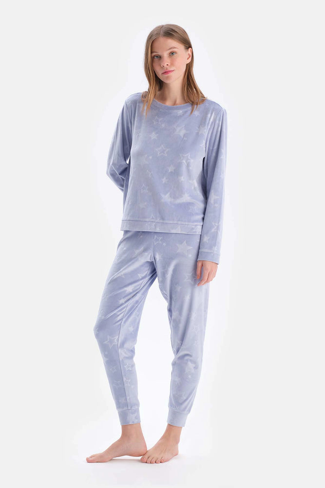 Mavi Gofre Yıldız Detaylı Örme Pijama Takımı