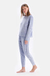 Mavi Gofre Yıldız Detaylı Örme Pijama Takımı