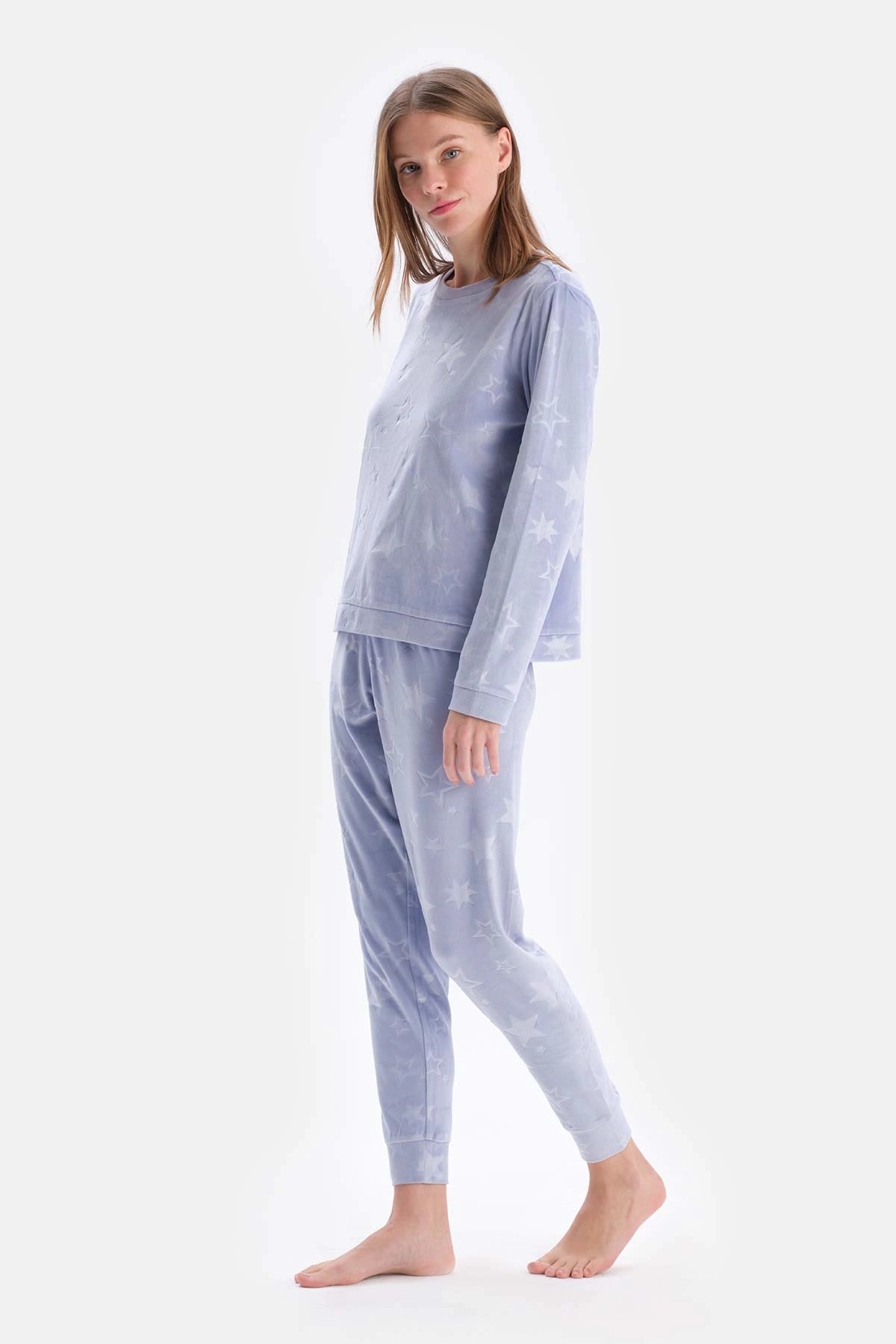 Mavi Gofre Yıldız Detaylı Örme Pijama Takımı