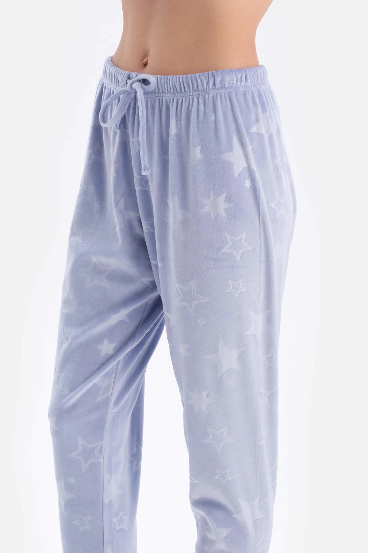 Mavi Gofre Yıldız Detaylı Örme Pijama Takımı