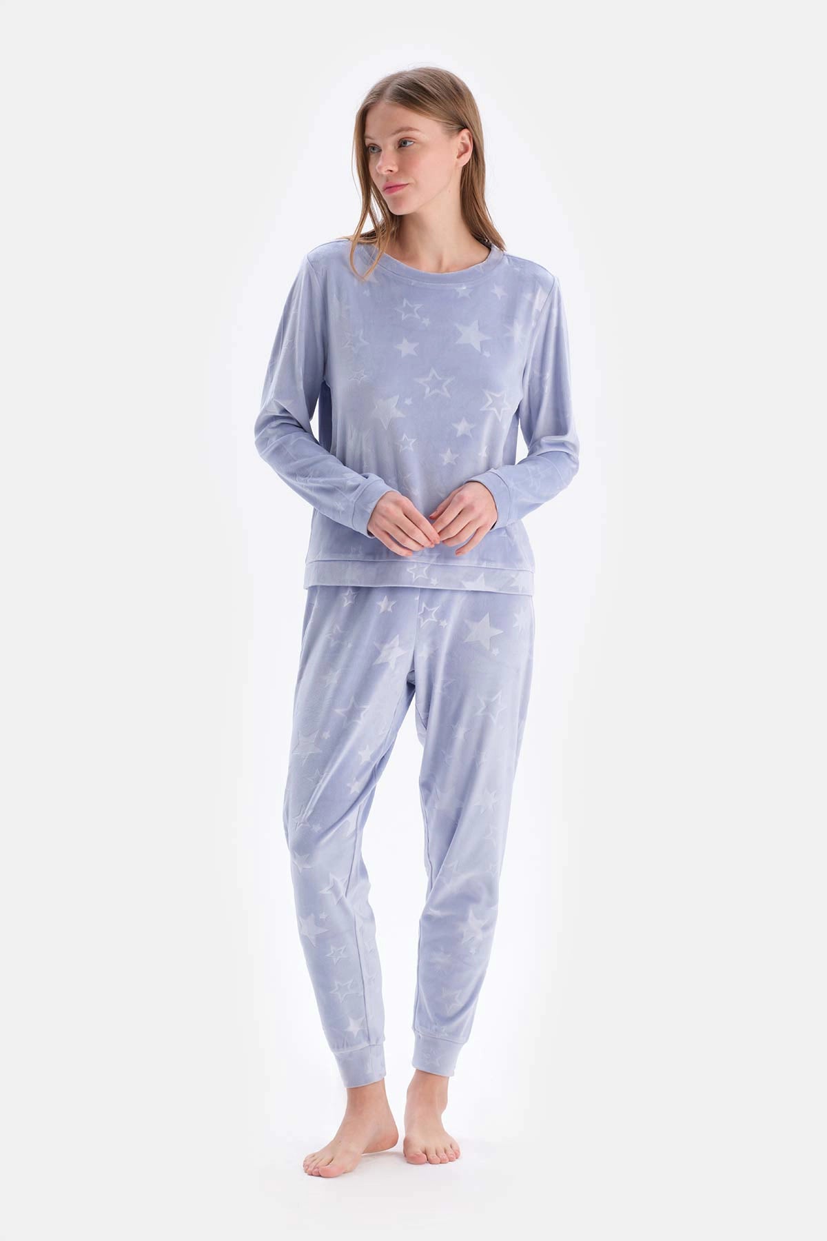 Mavi Gofre Yıldız Detaylı Örme Pijama Takımı
