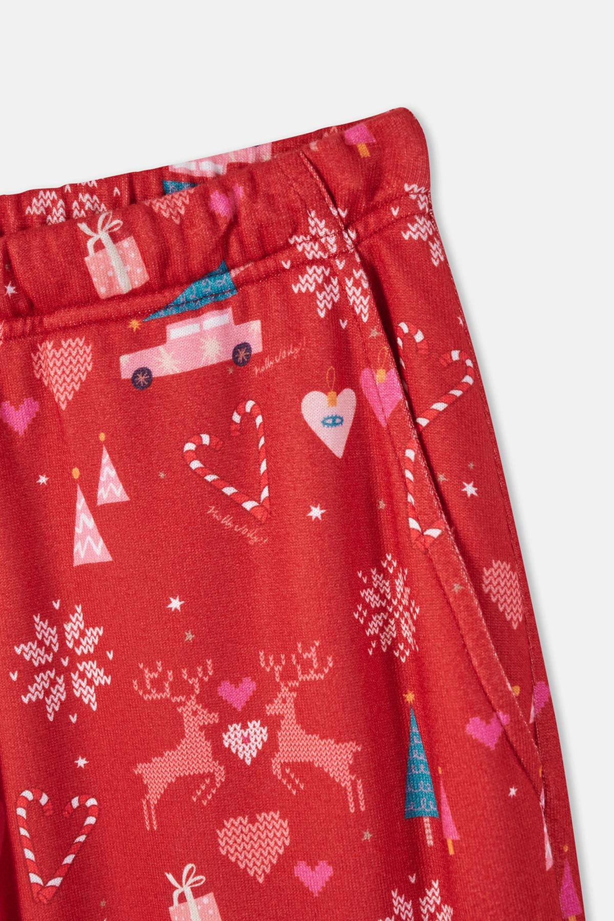 Kırmızı Baskı Detaylı Bisiklet Yaka Pijama Takımı