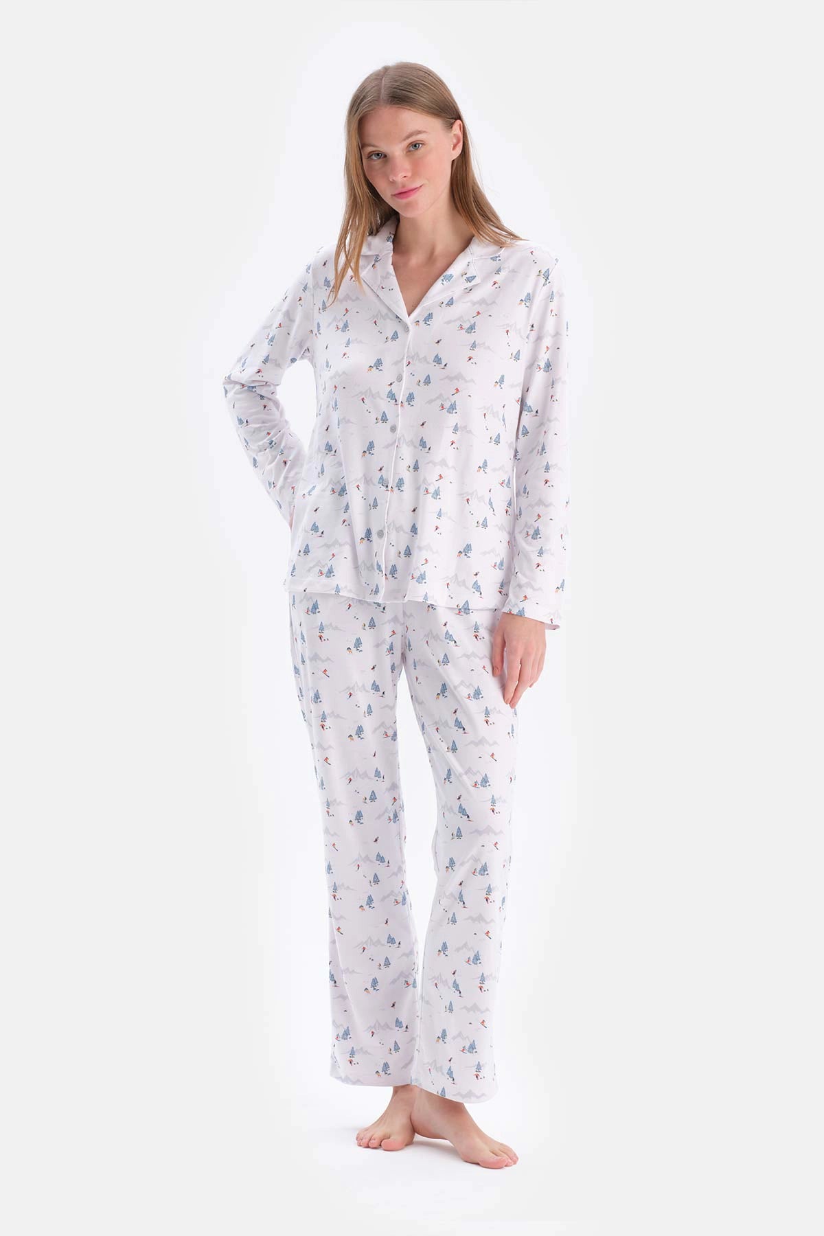 Beyaz Metraj Baskılı Gömlek Pantolon Pijama Takımı