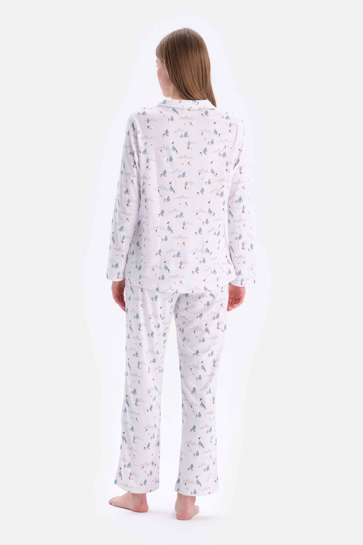 Beyaz Metraj Baskılı Gömlek Pantolon Pijama Takımı