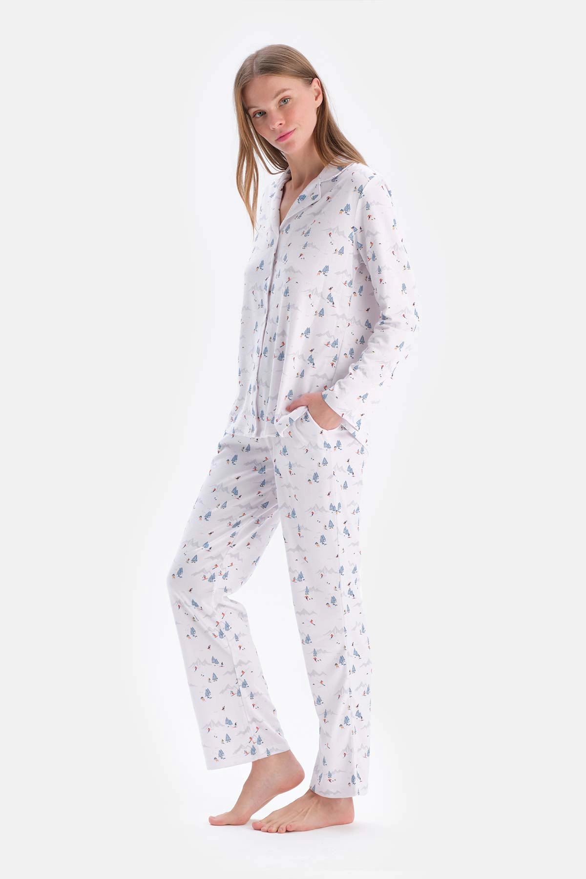 Beyaz Metraj Baskılı Gömlek Pantolon Pijama Takımı