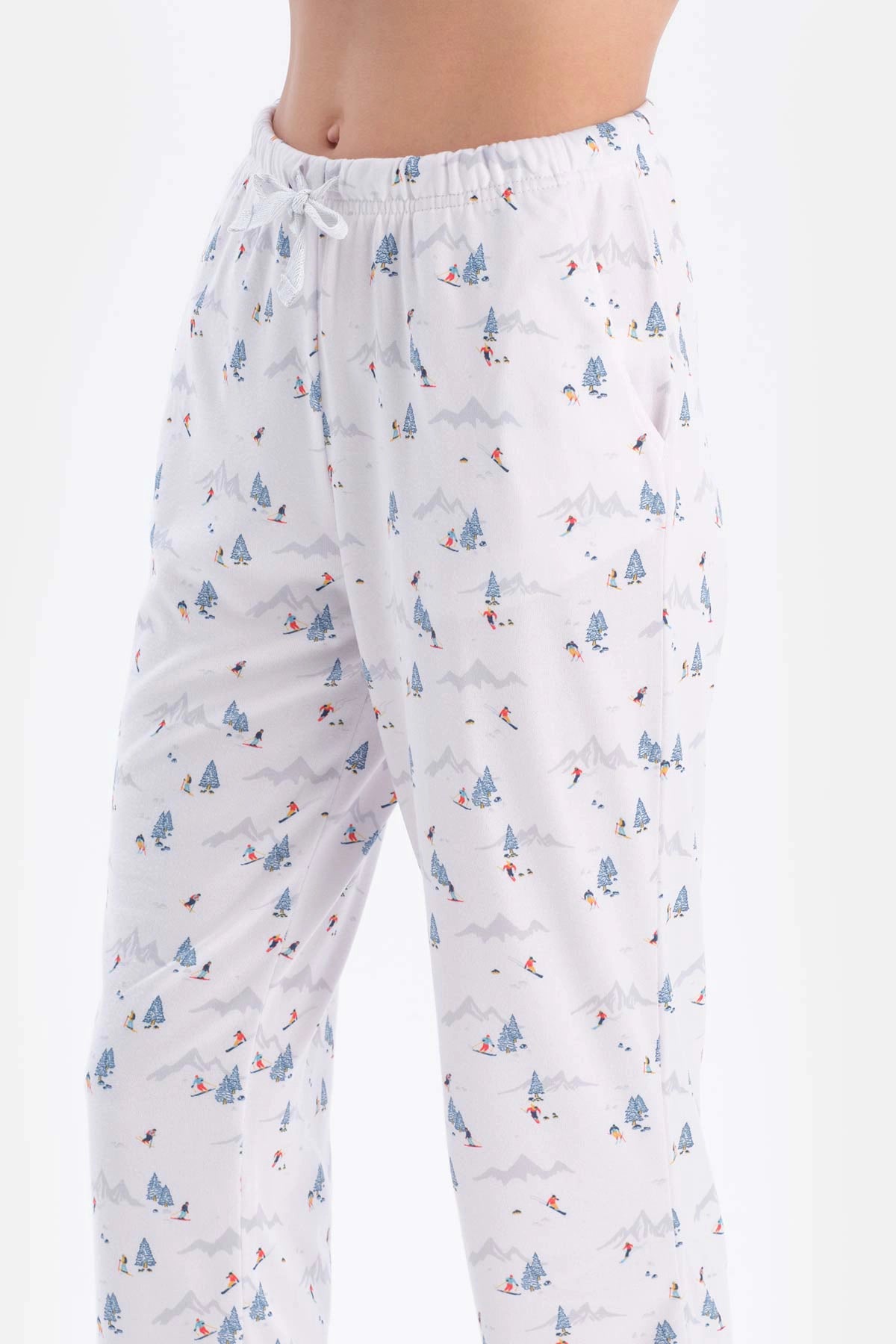 Beyaz Metraj Baskılı Gömlek Pantolon Pijama Takımı