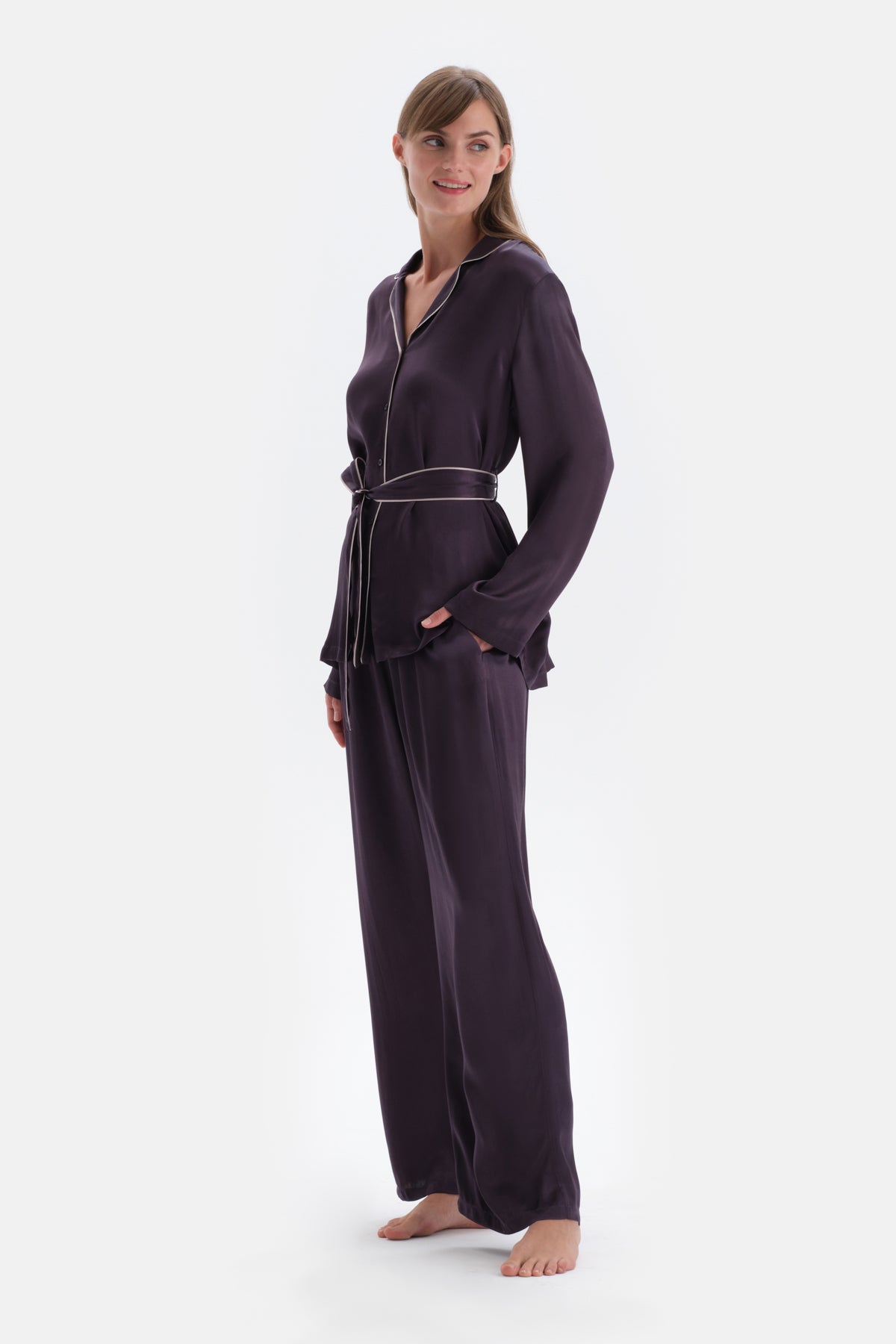 Mor Saten Pantolon Pijama Altı