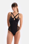 Siyah Tül Detaylı Balenli Bodysuit