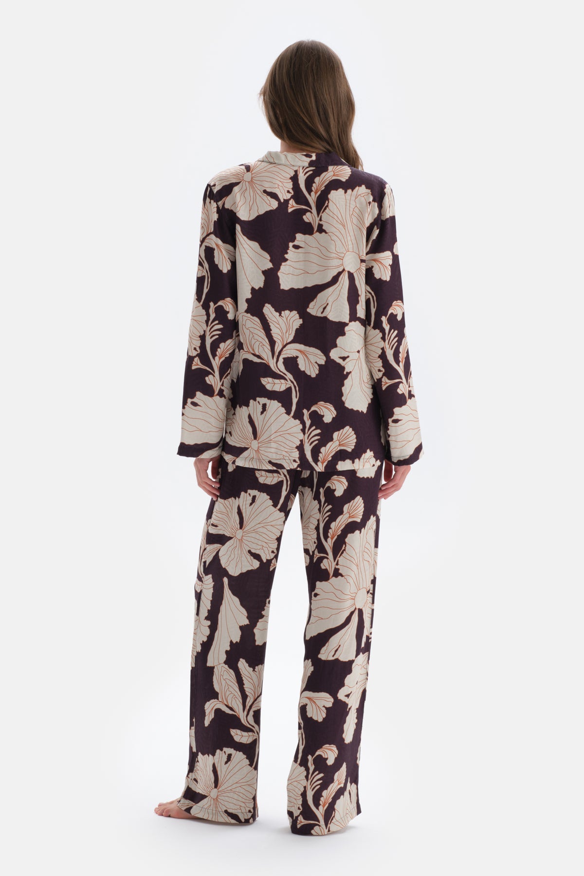 Mor Çiçek Baskı Detaylı Saten Gömlek Pijama Üstü