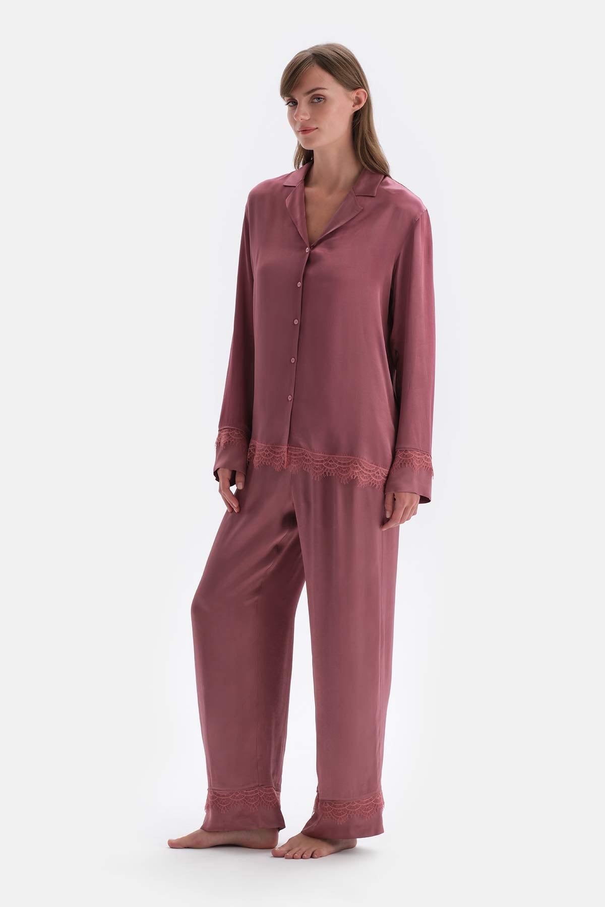 Gül Kurusu Dantel Detaylı Dokuma Gömlek Pijama Üstü