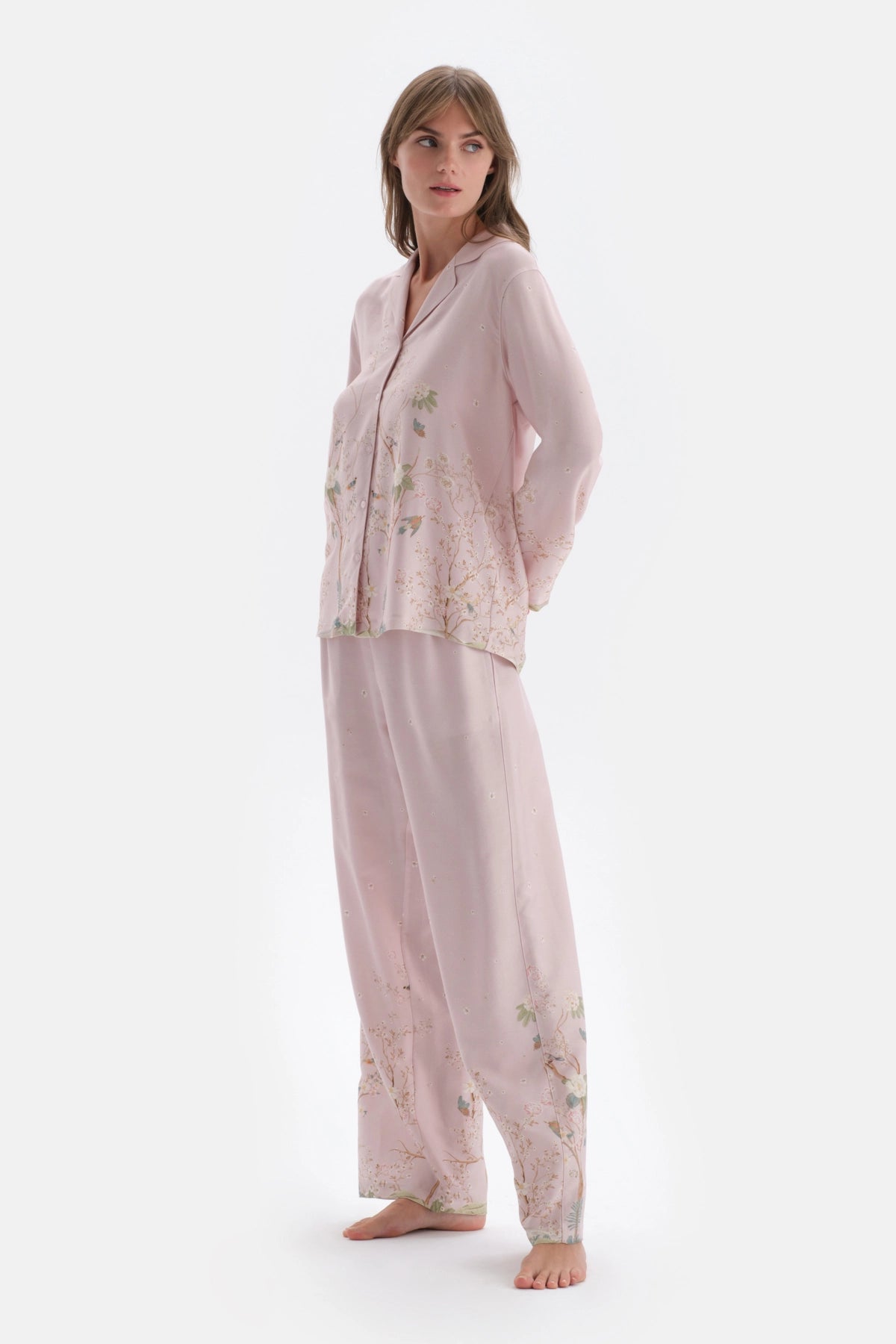 Açık Lila Metraj Baskılı Saten Gömlek Pijama Üstü