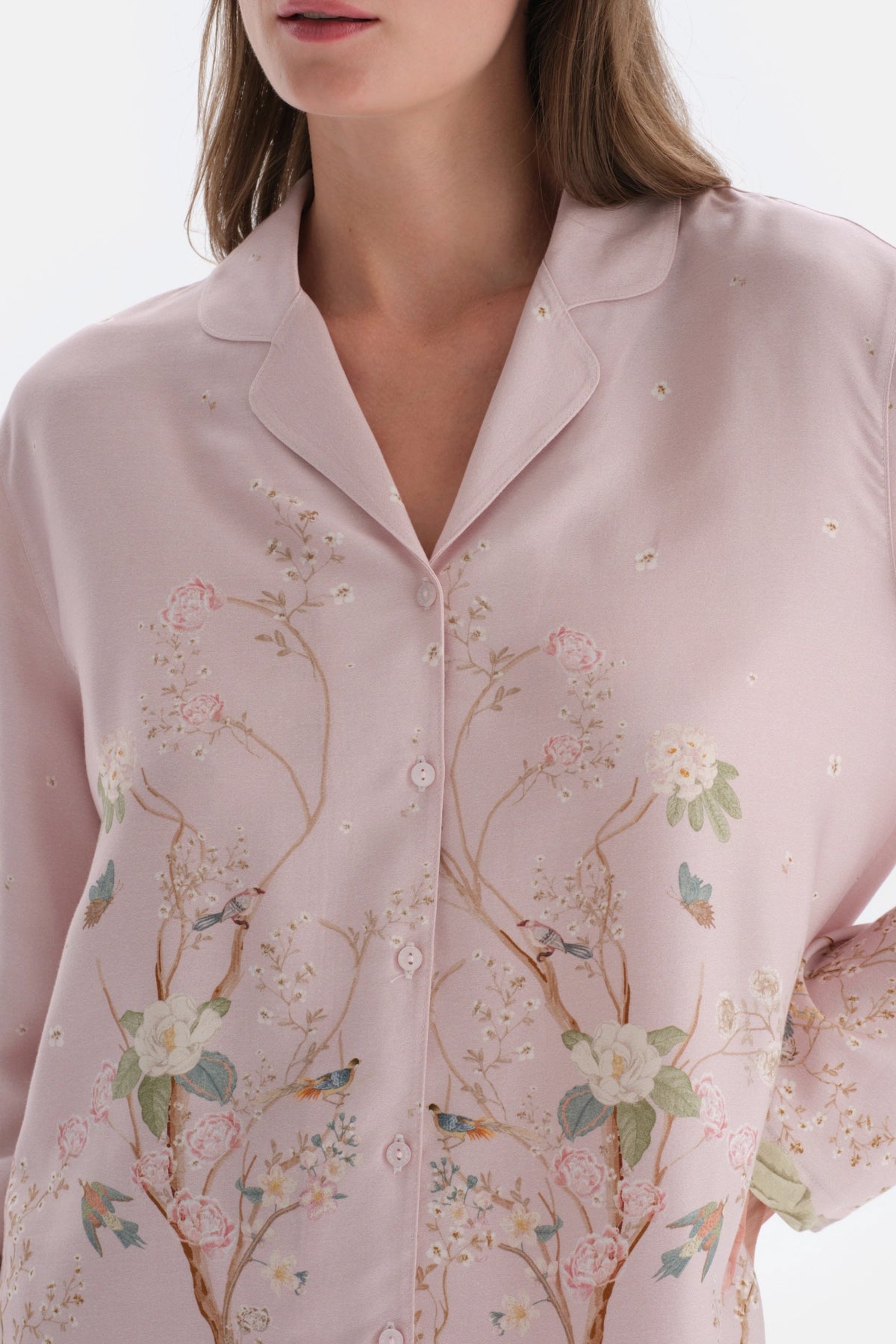 Açık Lila Metraj Baskılı Saten Gömlek Pijama Üstü