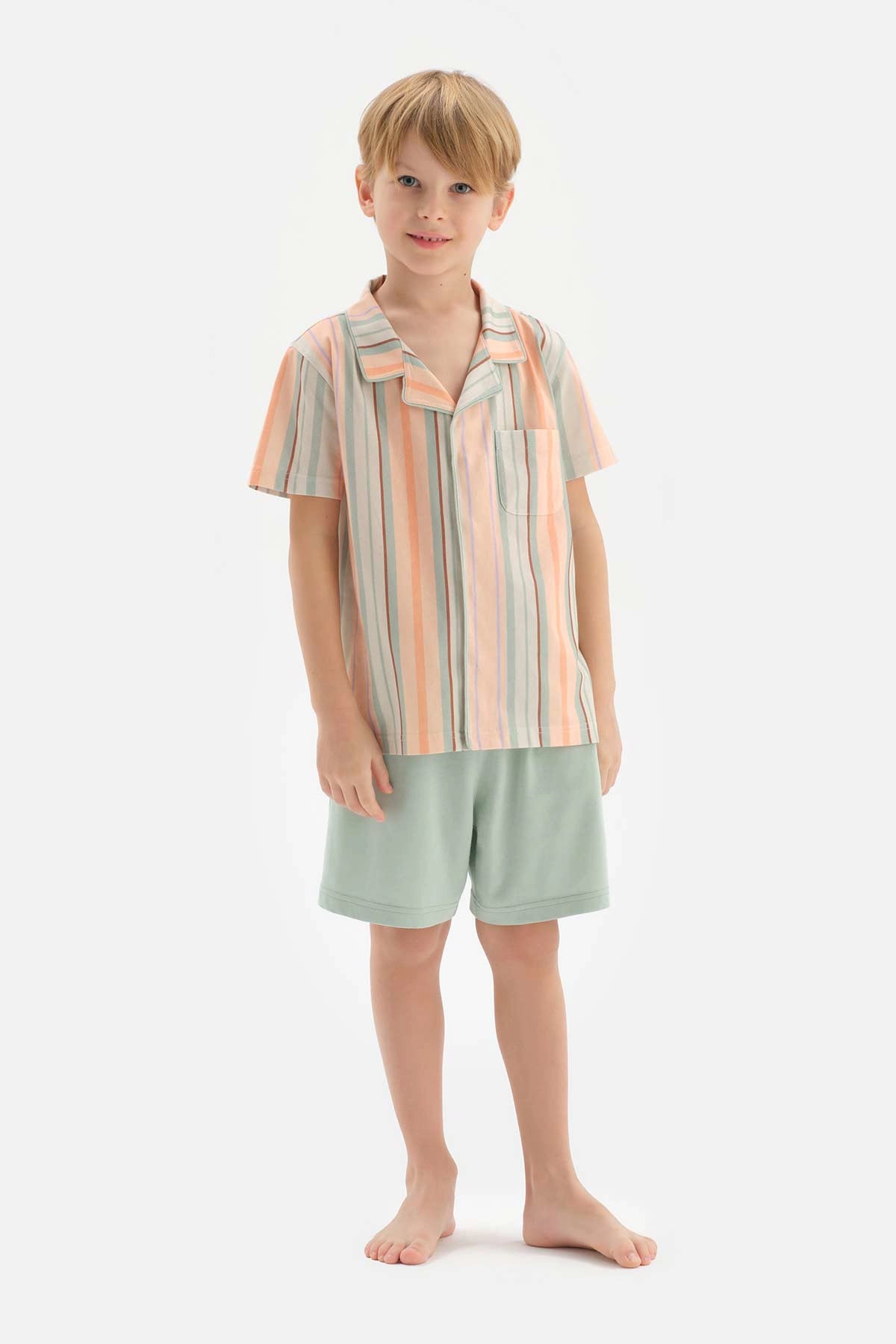 Multicolour Gömlek Yaka Çizgili Kısa Kollu Şortlu Pijama Takımı
