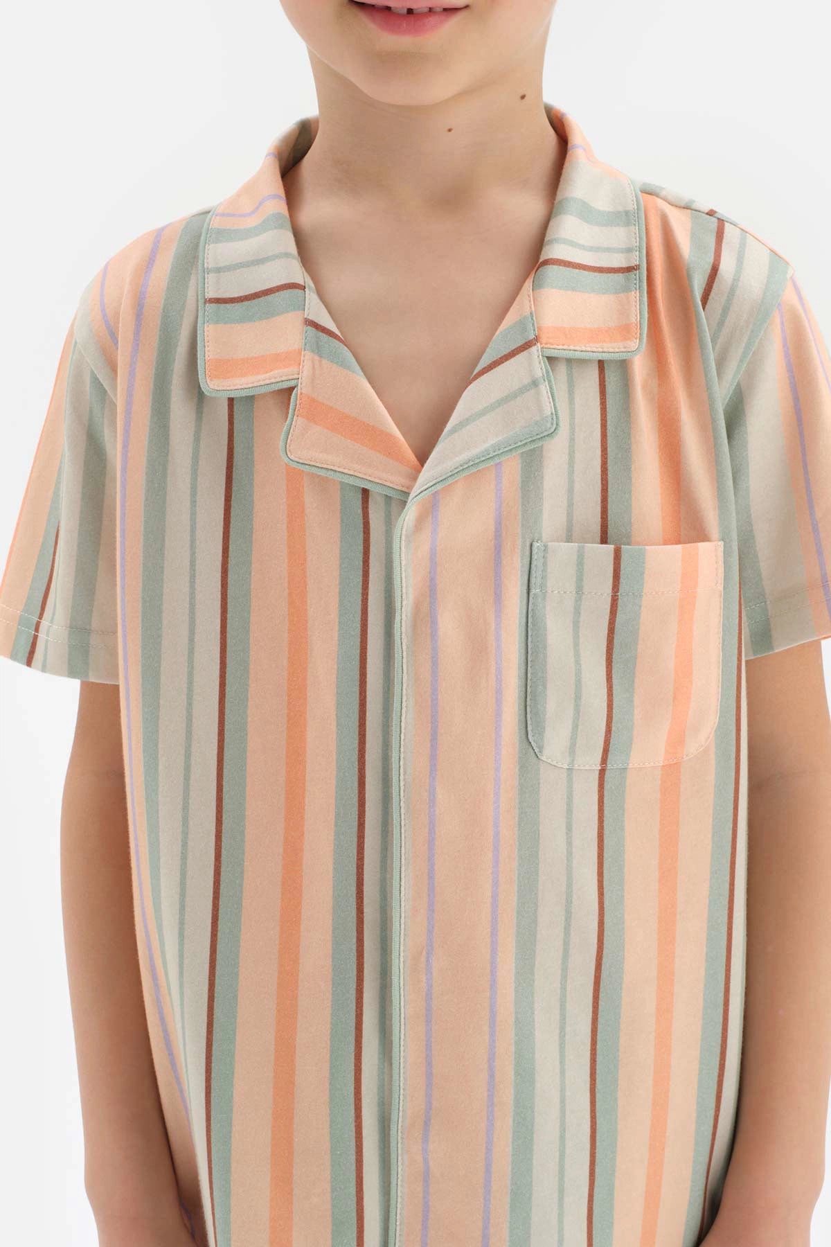 Multicolour Gömlek Yaka Çizgili Kısa Kollu Şortlu Pijama Takımı