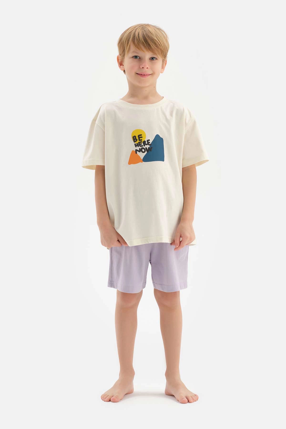 Ekru Erkek Çocuk Slogan Baskılı Kısa Kol Şortlu Pijama Takımı