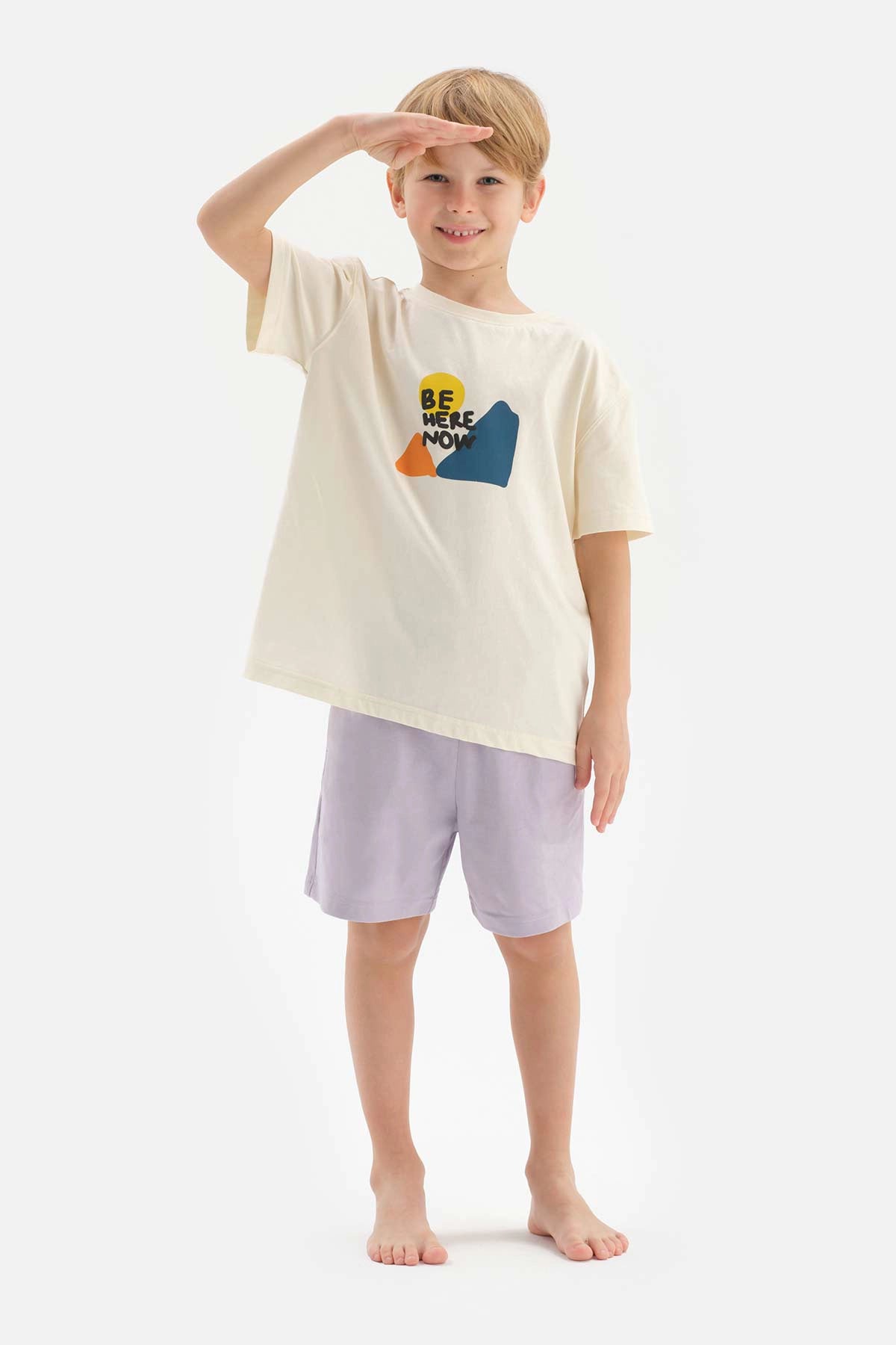 Ekru Erkek Çocuk Slogan Baskılı Kısa Kol Şortlu Pijama Takımı