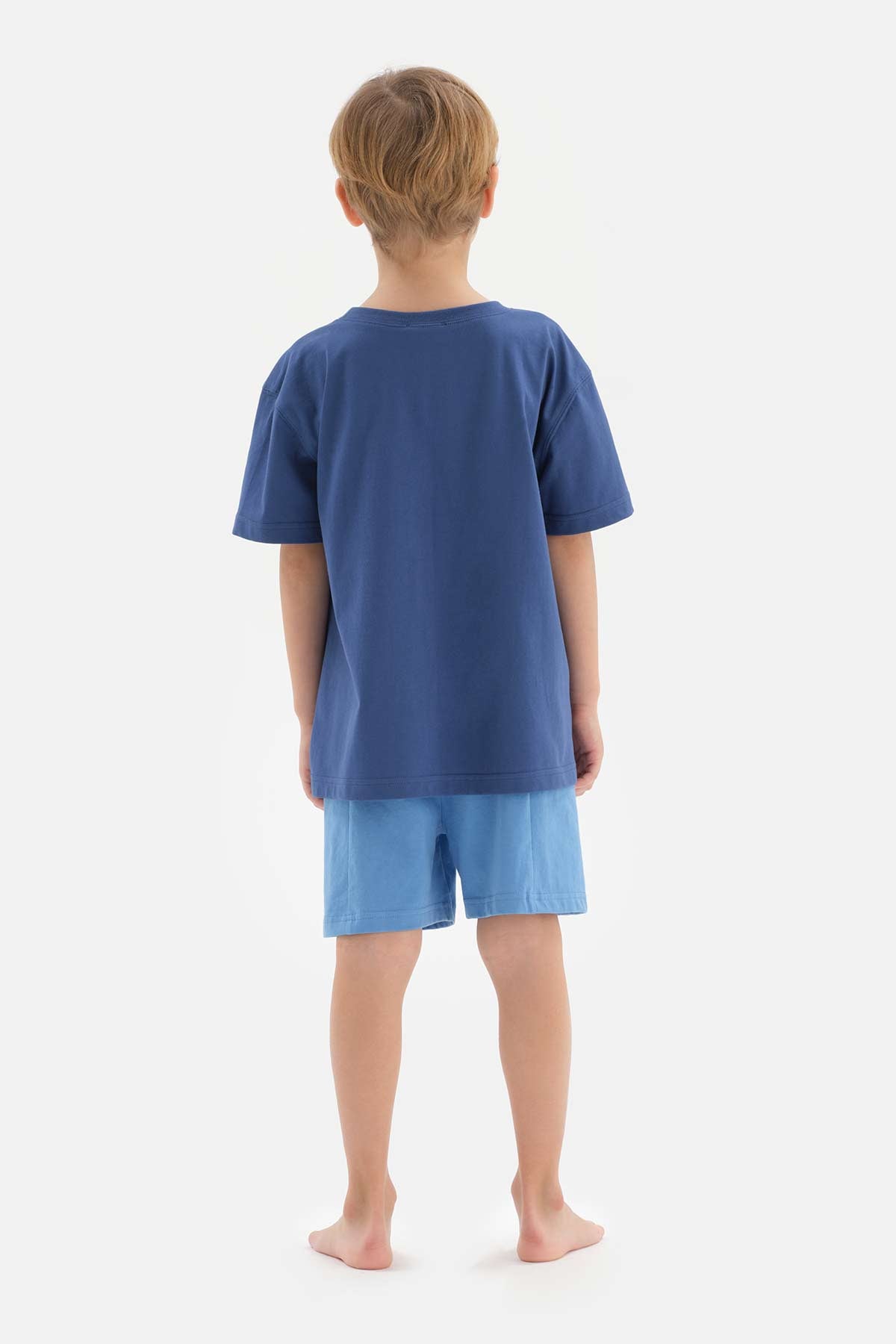 Mavi Slogan Detaylı Bisiklet Yaka Kısa Kollu Tişört Şort Pijama Takımı