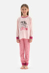 Pembe Kız Çocuk Lisans Baskılı Uzun Kollu Jogger Paçalı Pijama Takımı