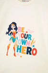 Ekru Wonder Woman Baskılı Kısa Kollu Tişört Pantolon Pijama Takımı