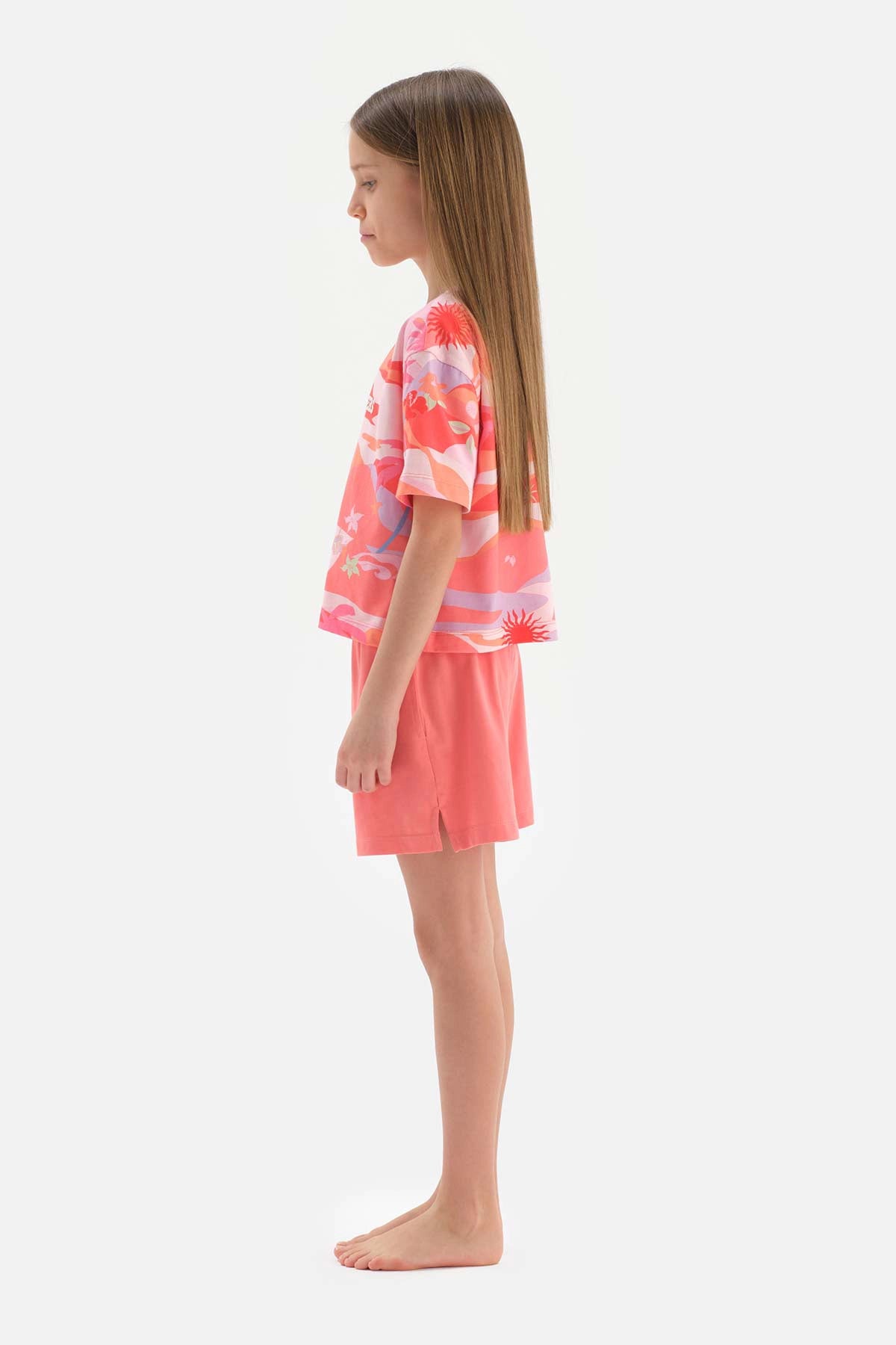 Pembe Metraj Baskılı Kısa Kol Tişört Şort Pijama Takımı