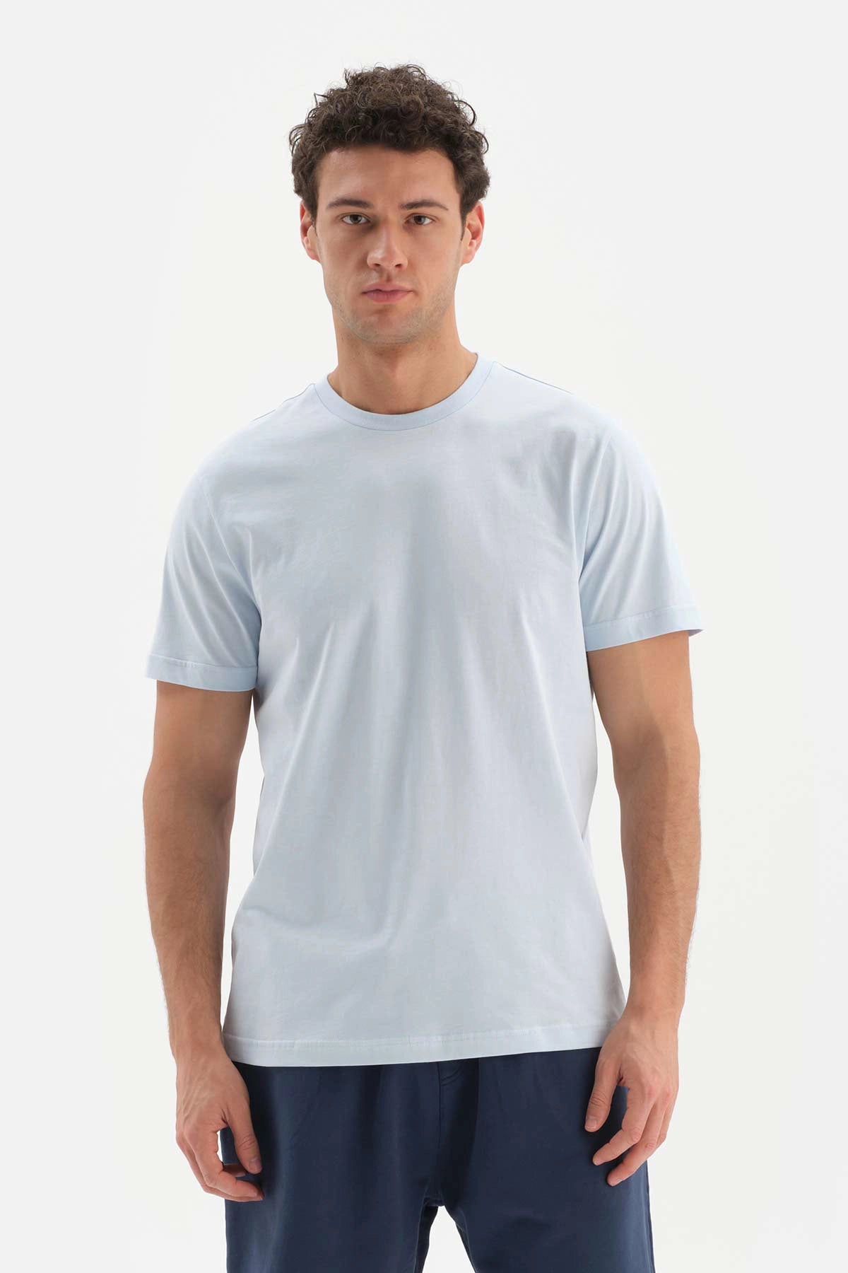 Açıkmavi Bisiklet Yaka Supima Pamuklu Kısa Kol T-Shirt