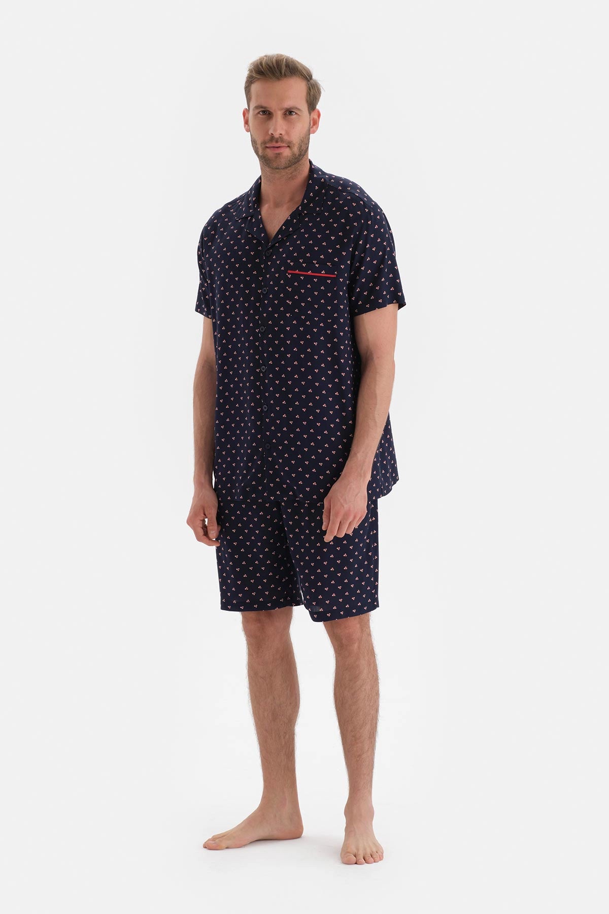 Lacivert Metraj Baskılı Viskon Şort Pijama Altı