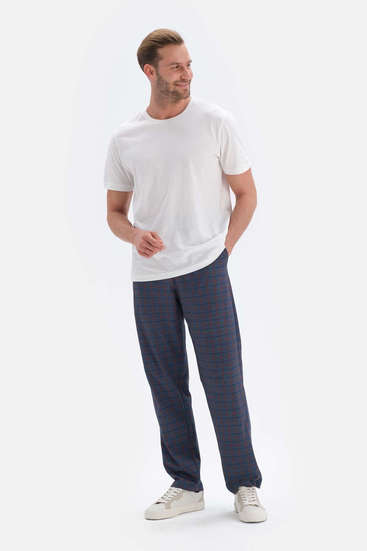 Lacivert Ekoseli Örme Pijama Altı
