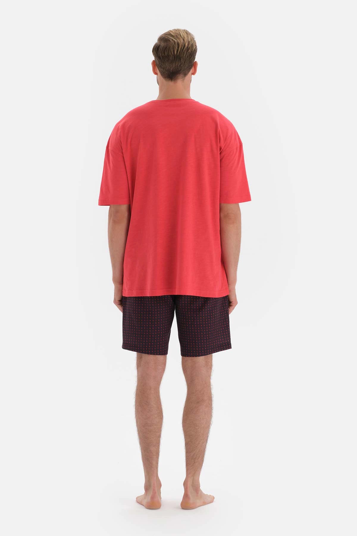 Kırmızı Nakışlı Kısa Kol Pamuklu Şortlu Pijama Takımı