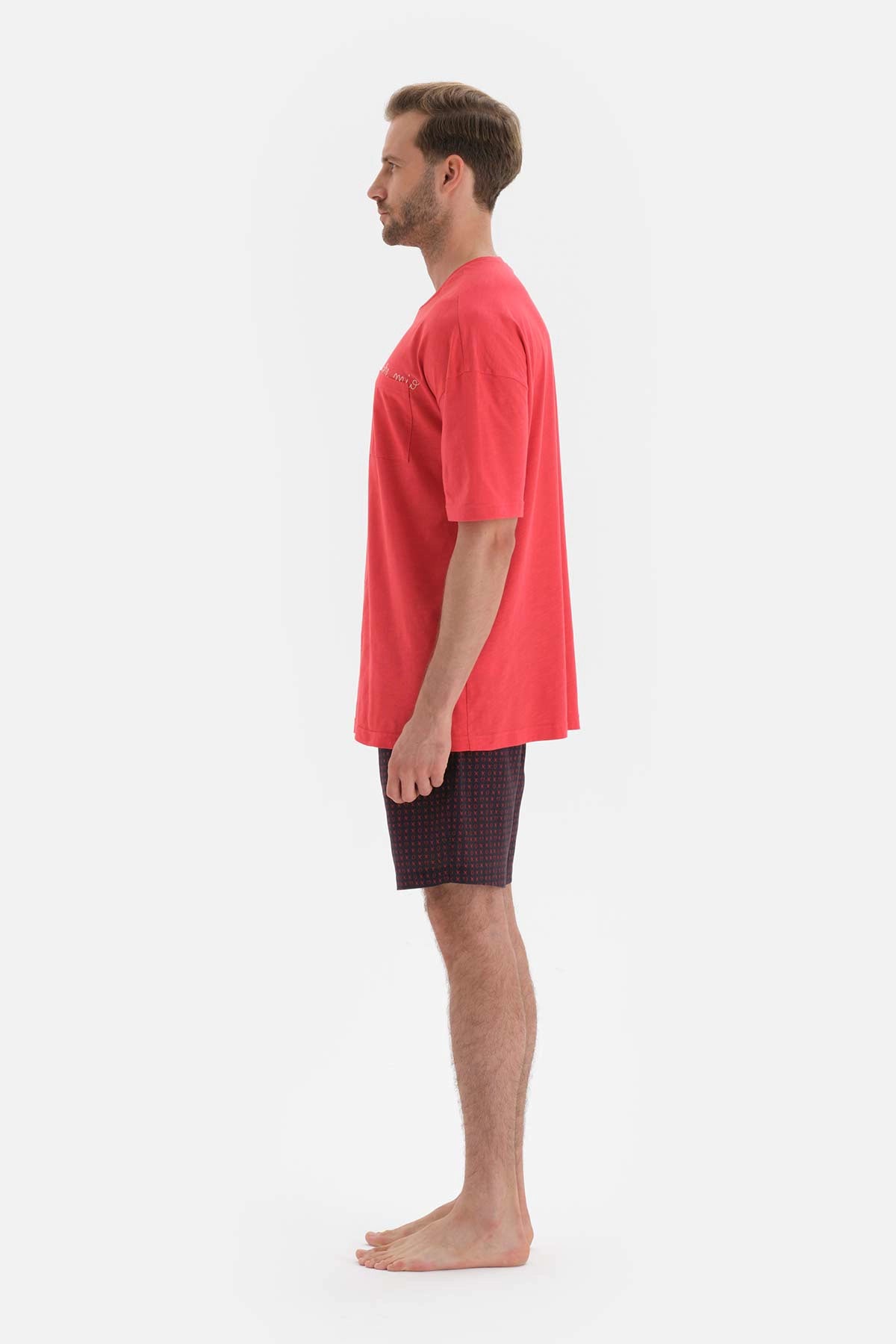 Kırmızı Nakışlı Kısa Kol Pamuklu Şortlu Pijama Takımı