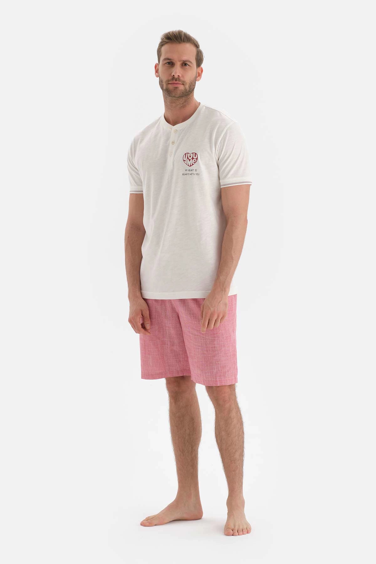 Ekru Baskılı Kısa Kol Pamuklu Şortlu Pijama Takımı