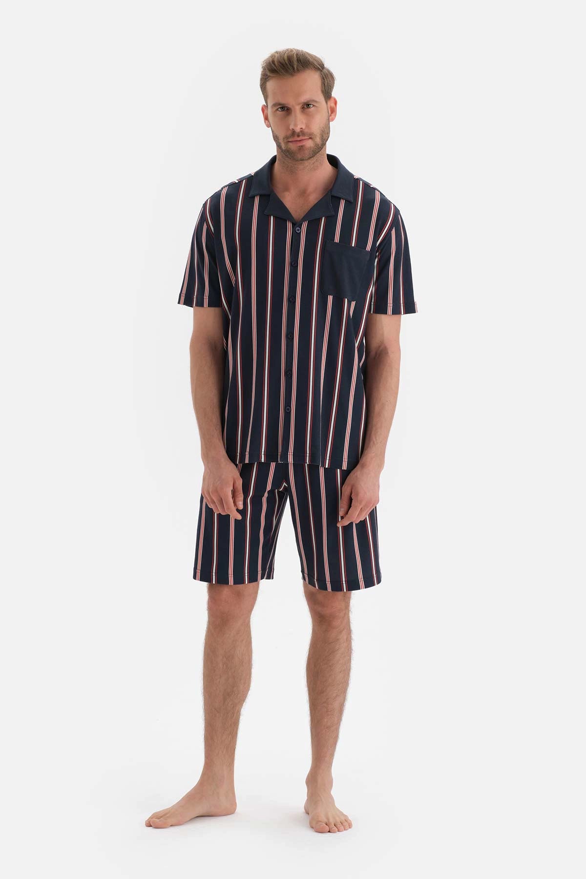 Lacivert Çizgili Gömlek Yaka Pamuklu Şortlu Pijama Takımı