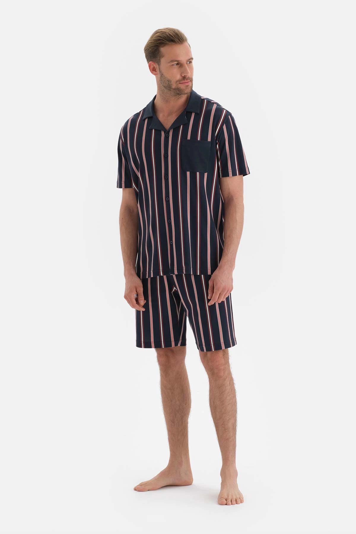 Lacivert Çizgili Gömlek Yaka Pamuklu Şortlu Pijama Takımı