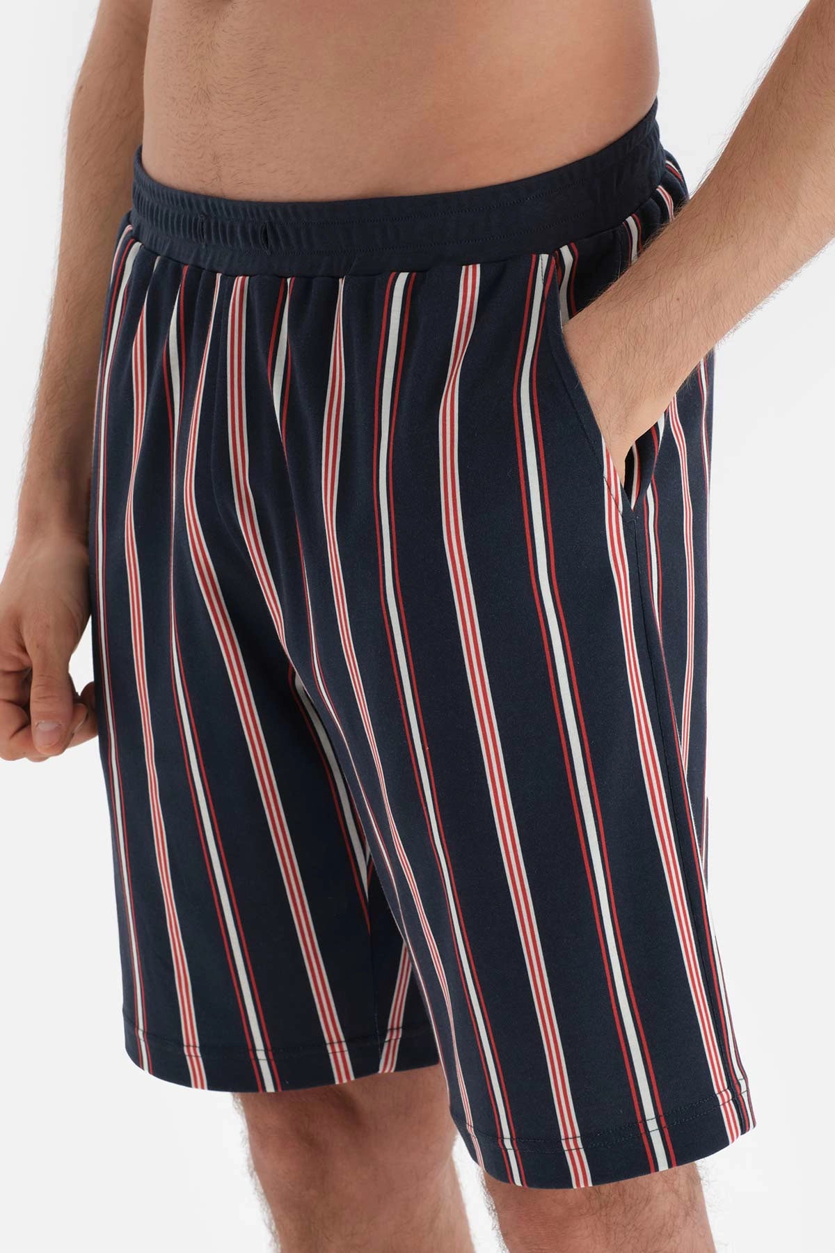 Lacivert Çizgili Gömlek Yaka Pamuklu Şortlu Pijama Takımı