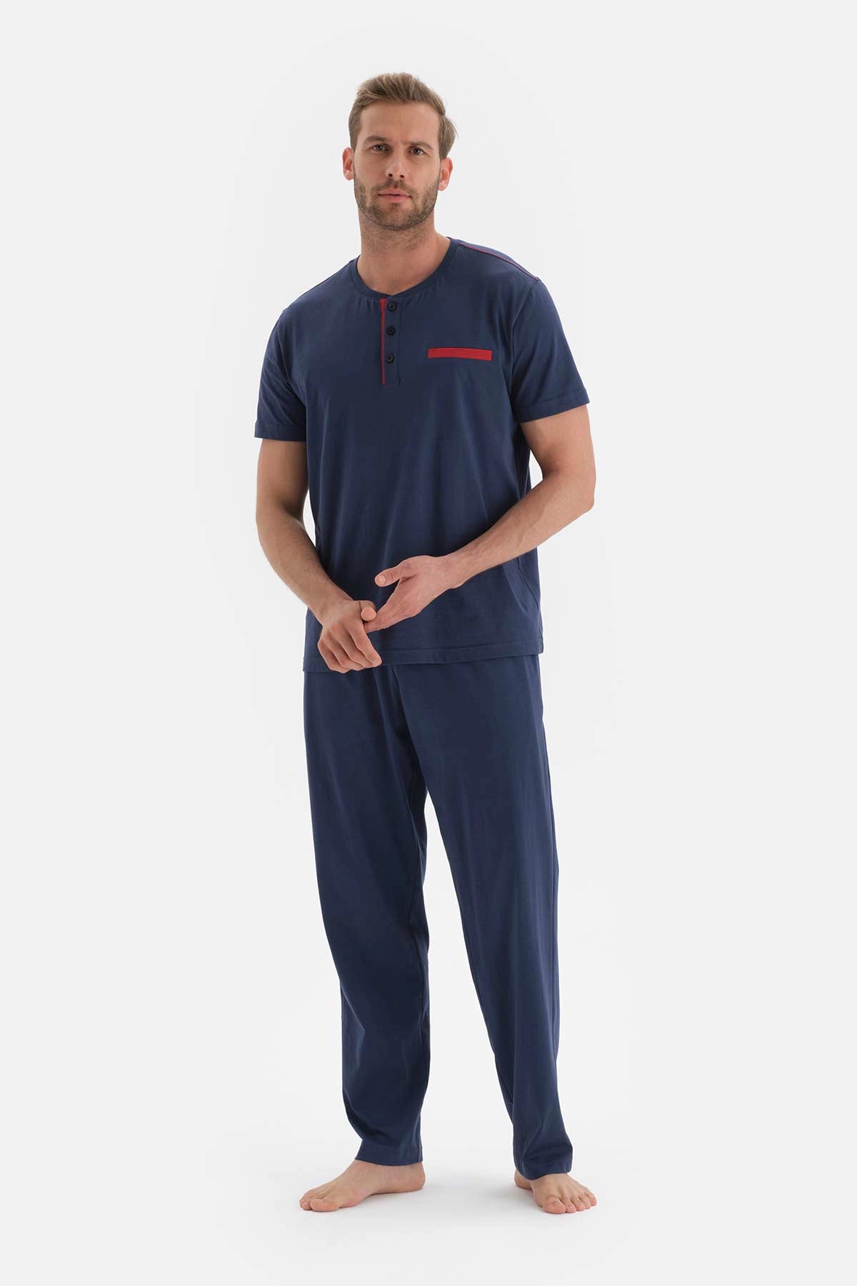 Lacivert Kısa Kol Düğmeli Yaka Pamuklu Pijama Takımı
